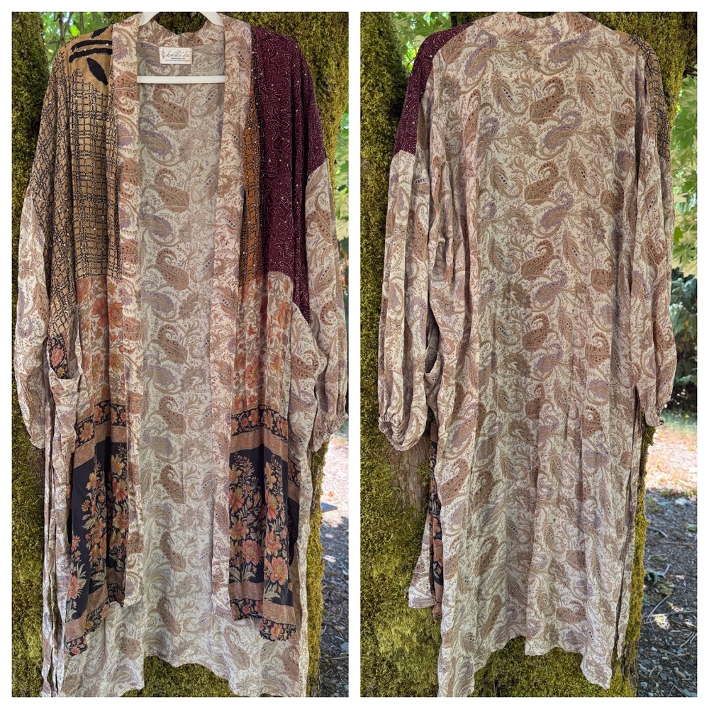 Vintage-Inspired Paisley Mixed-Print Kimono Cardigan - Burgundy/Tan